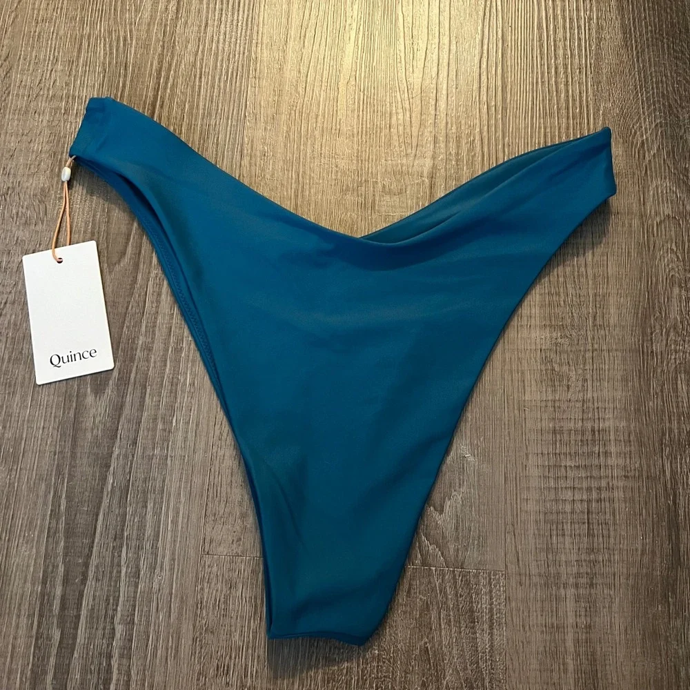 NWT Quince Italian High Leg Bikini Bottom Large Lagoon Teal Blue Minimalist Swim